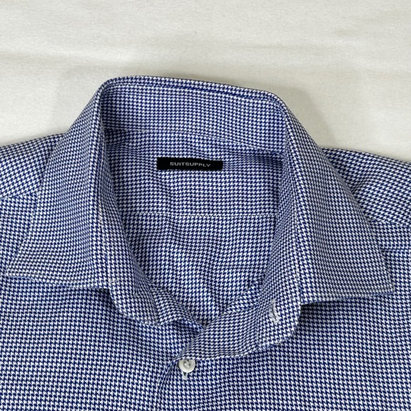 Suitsupply Mens Blue White Houndstooth Cotton Dress Shirt See Description - Picture 5 of 11
